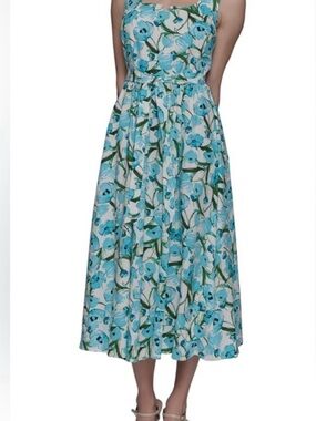 NWT- Karl Lagerfeld Linen Blend Aqua Floral Midi dress